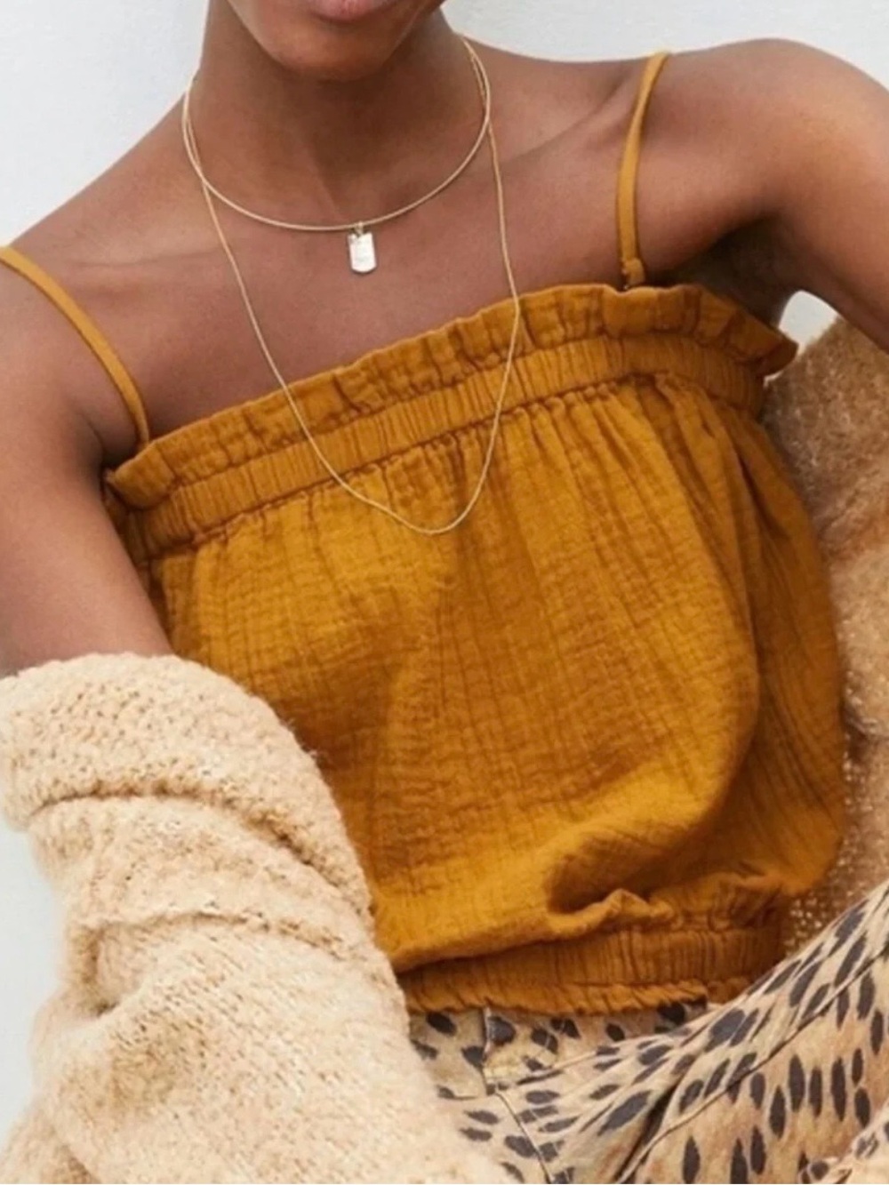 Bubble Spaghetti-Strap Tank Top in Mustard Olive